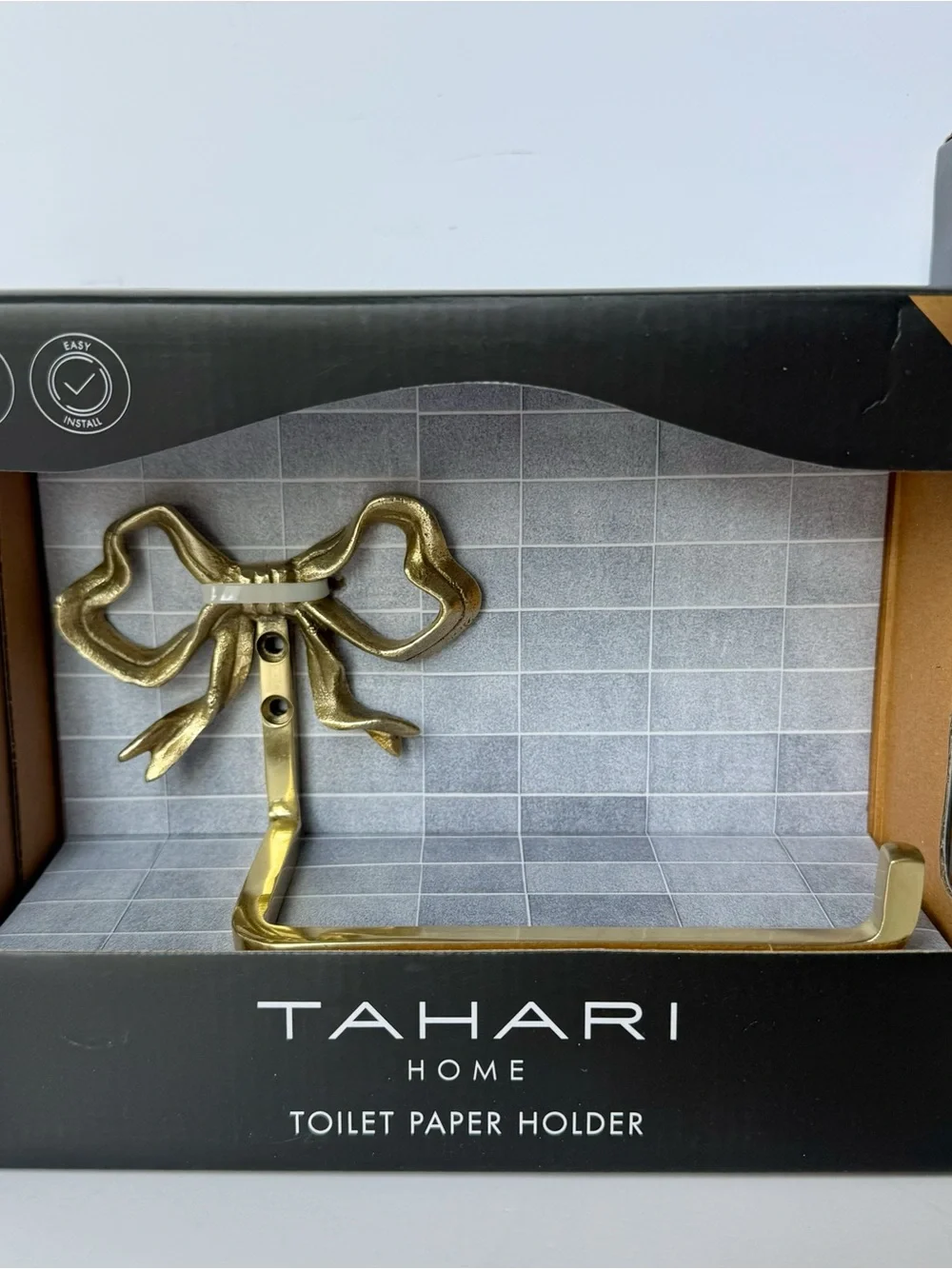 TAHARI Brass Ribbon Bow Bathroom Toilet Paper Roll Holder Wall Mount & Hook NEW